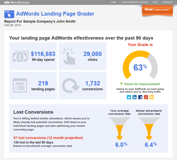 Wordstream Landing Page Grade